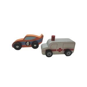 Wooden Toy Cars Lot of 2 Orange Race Car #4 & White Ambulance Pretend Play
